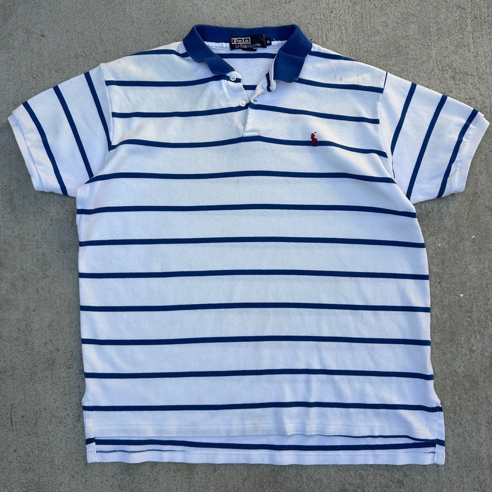 Polo Ralph Lauren XL Striped Polo Shirt White Blue Vintage Made in USA 90s Pony